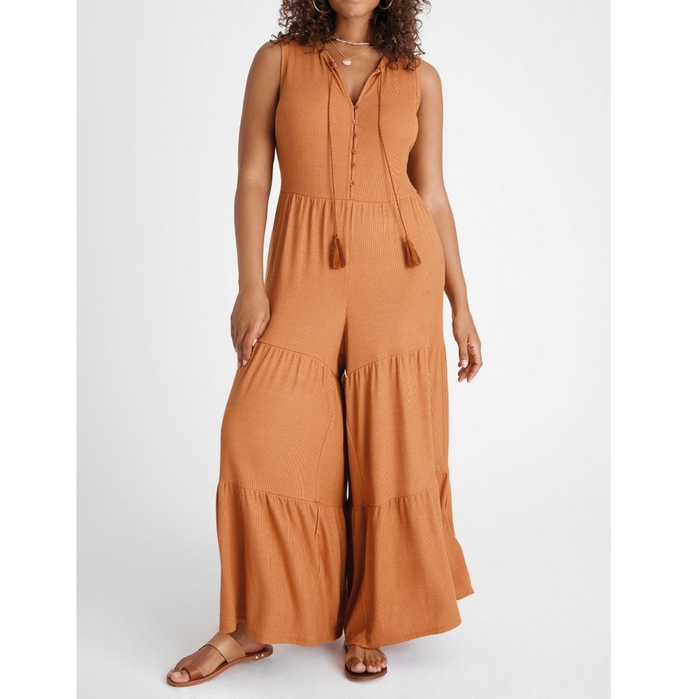 Anthropologie Saturday Sunday Marina Tiered Wide-Leg Jumpsuit Rust - XS